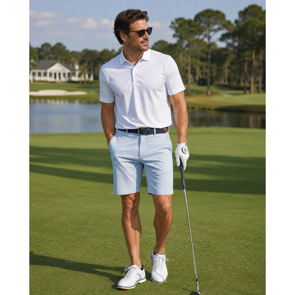 Peter Millar Golf Shorts Size 40 Blue White Micro Check Performance Wicking Flat
